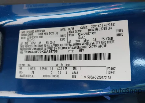 2019 Ford Escape S z USA, uszkodzony, nr VIN 1FMCU0F79KUA38758